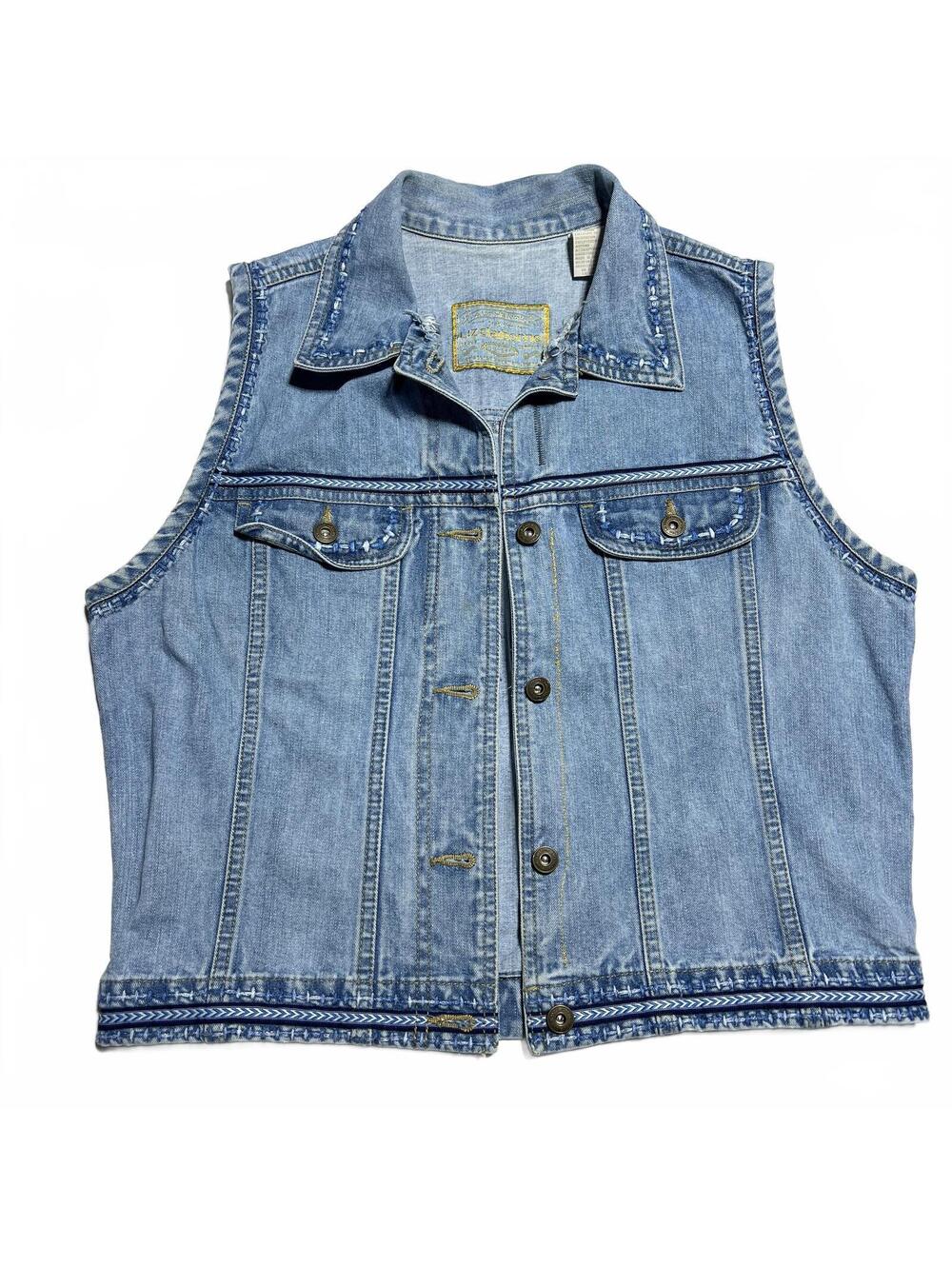 Vintage Liz Claiborne Light Blue Denim Vest Small Embroidered Trim Western 90s
